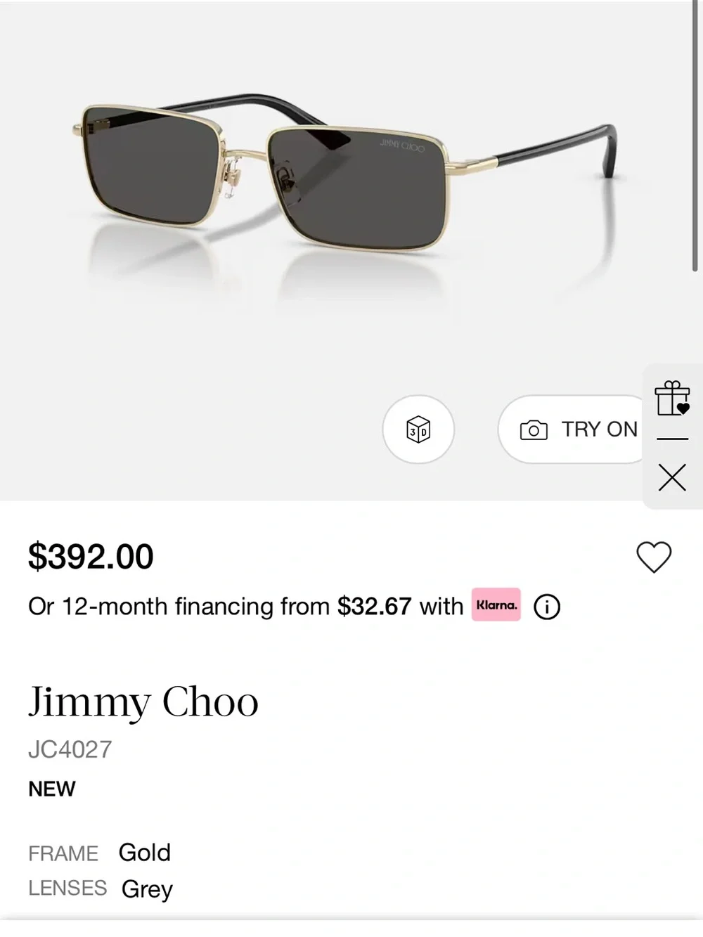 Jimmy Choo Metal Rectangle Sunglasses with Black Temples